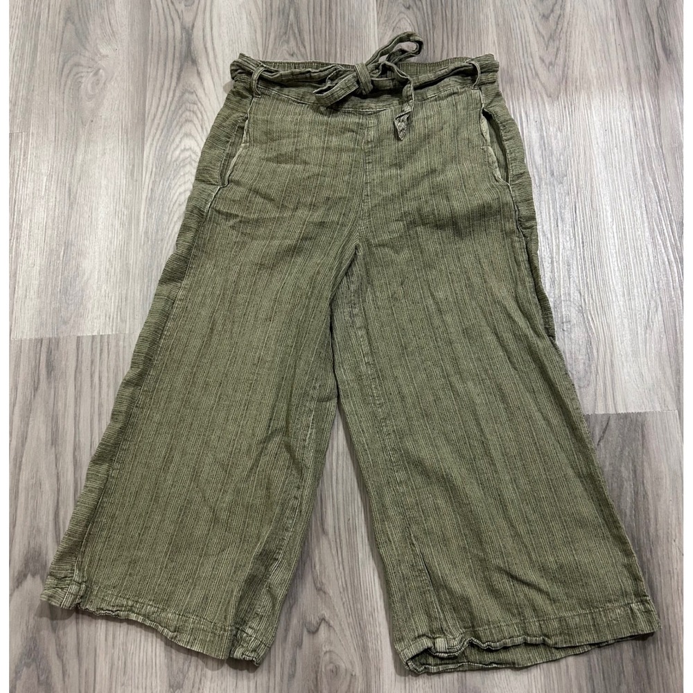 Anthropologie Olive Green Striped Linen Cotton Wide Leg Cropped Pants Small